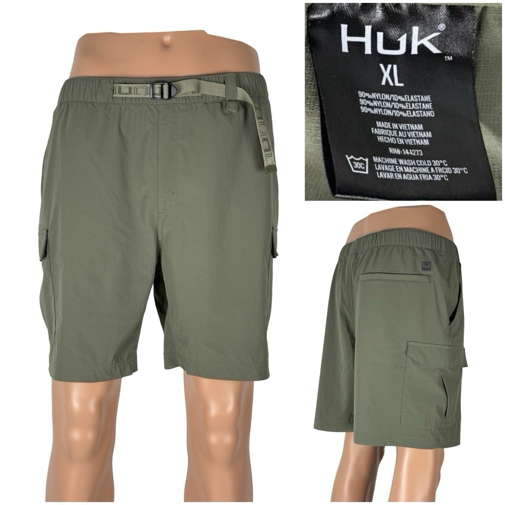 Huk Creekbed Mens XL Shorts Performance Cargo 7" Fishing Belted Green EUC